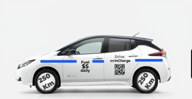 A white electric taxi branded ‘Drive InCharge’ — 250 km range, fuel from $5 a day